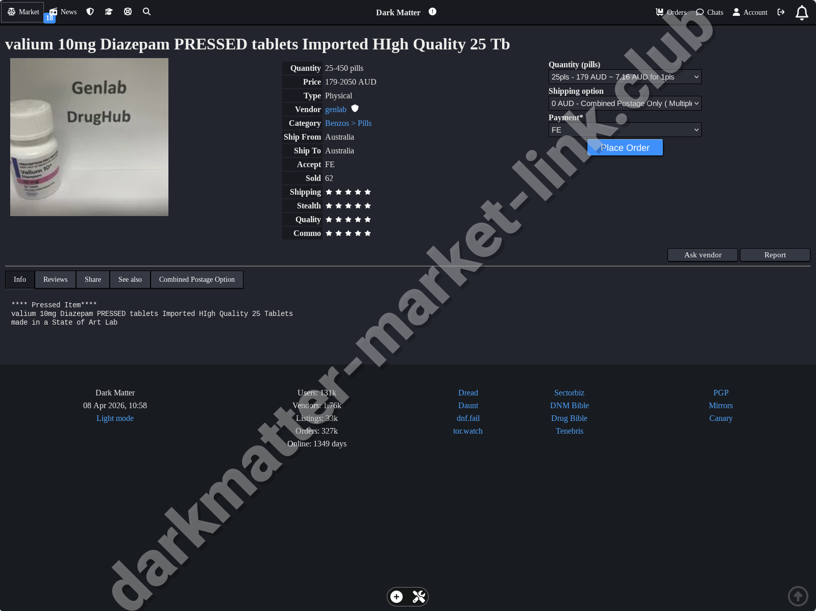Product listing example on official Dark Matter Market Link